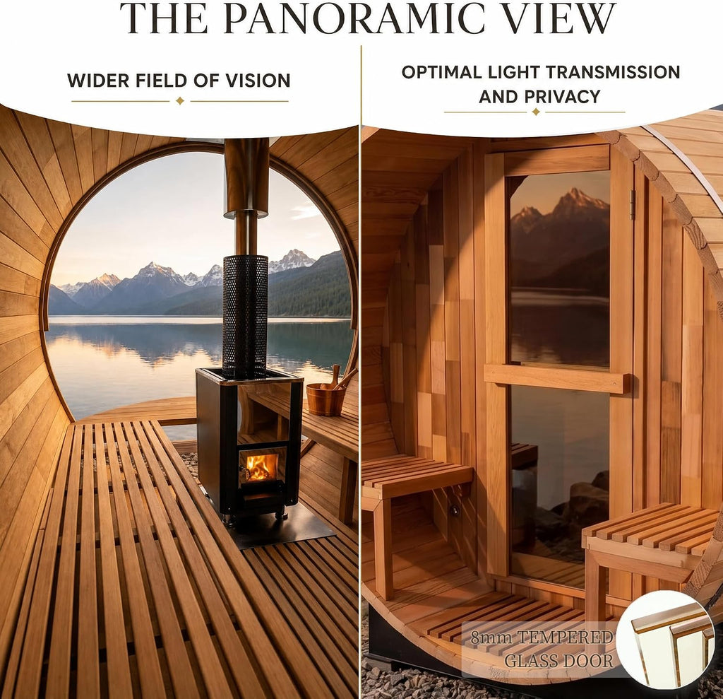 ZONEMEL Wooden Steam Sauna Room with Panoramic View, Canadian Red Cedar Traditional Outdoor Barrel Wood Burning Sauna with Porch, Wood-Fired Stove with Chimney Kit, Wood Shingles, 6-8 Person