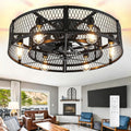 Depuley Low Profile Ceiling Fan: 26' Flush Mount Ceiling Fan Lights Reversible - Industrial Caged Ceiling Fans Light Fixture 6 Speeds for Bedroom Kitchen Black E26 Base Bulbs Not Included