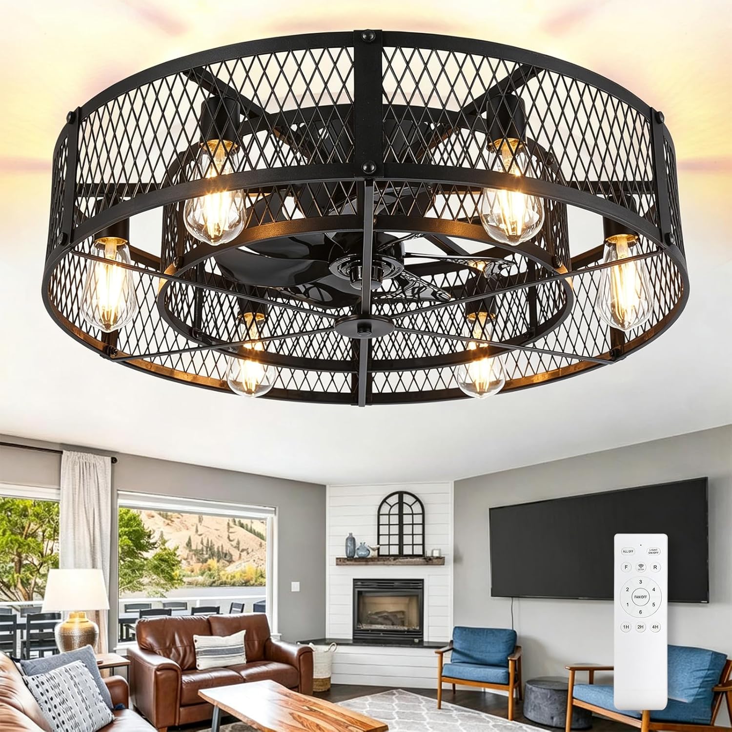 Depuley Low Profile Ceiling Fan: 26' Flush Mount Ceiling Fan Lights Reversible - Industrial Caged Ceiling Fans Light Fixture 6 Speeds for Bedroom Kitchen Black E26 Base Bulbs Not Included