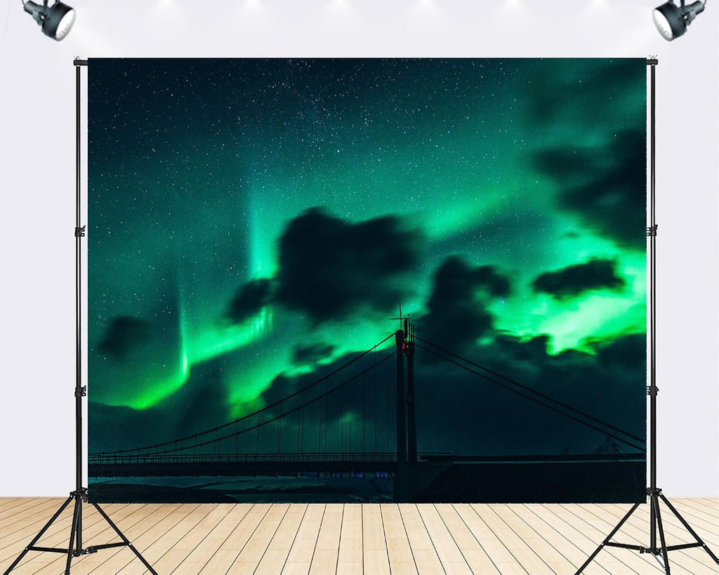 Trykid 20x10ft Green Aurora Suspension Bridge Starry Sky Backdrop Arctic Night Scenery Photography Background Northern Lights Viewing Party Decoration Tapestry Photo Booth Prop Fabric