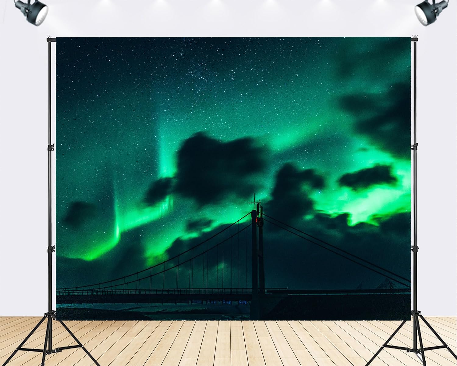 Trykid 20x10ft Green Aurora Suspension Bridge Starry Sky Backdrop Arctic Night Scenery Photography Background Northern Lights Viewing Party Decoration Tapestry Photo Booth Prop Fabric