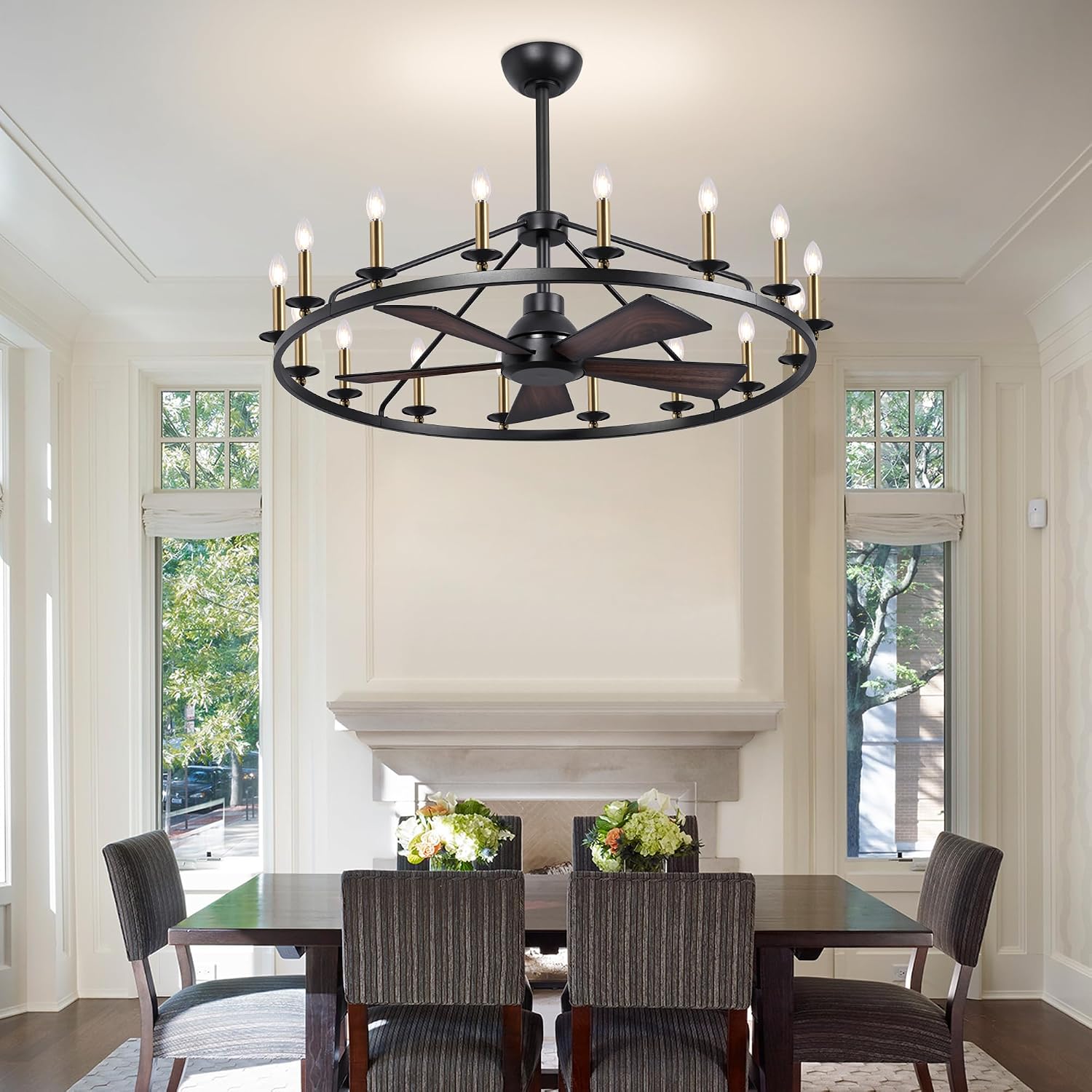44' Wagon Wheel Chandelier with Fans, Black and Gold Wagon Wheel Ceiling Fan with 16-Light and Remote, Farmhouse Chandelier for Living Room, Adjustable Height, 6-Speed Reversible Quiet Large Fandelier