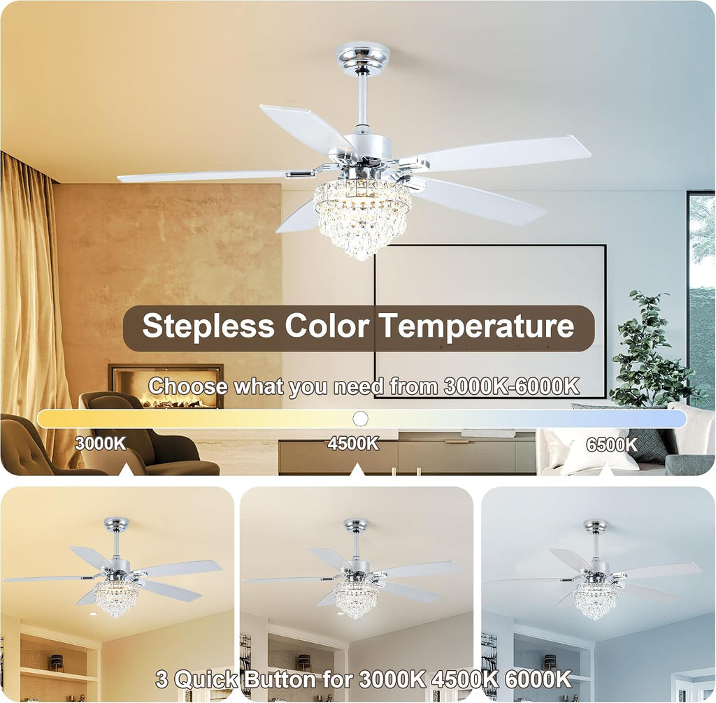 Chandelier Ceiling Fans with Lights and Remote,Chandelier Fan Ceiling,Crystal Ceiling Fan Fandelier with Lights,6 Speed 3 Timer Quiet Ceiling Fan for Bedroom (Chrome, 52 Inch)