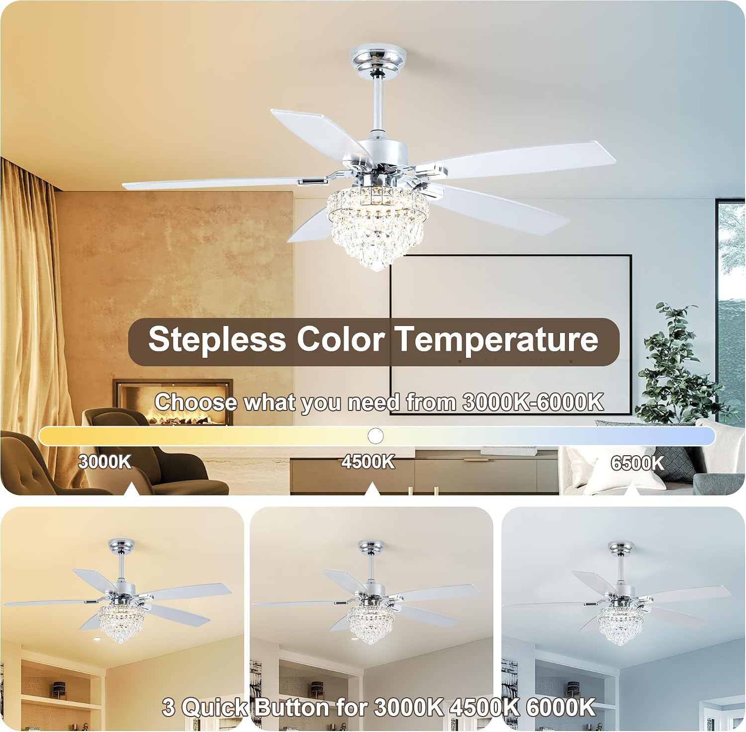 Chandelier Ceiling Fans with Lights and Remote,Chandelier Fan Ceiling,Crystal Ceiling Fan Fandelier with Lights,6 Speed 3 Timer Quiet Ceiling Fan for Bedroom (Chrome, 52 Inch)