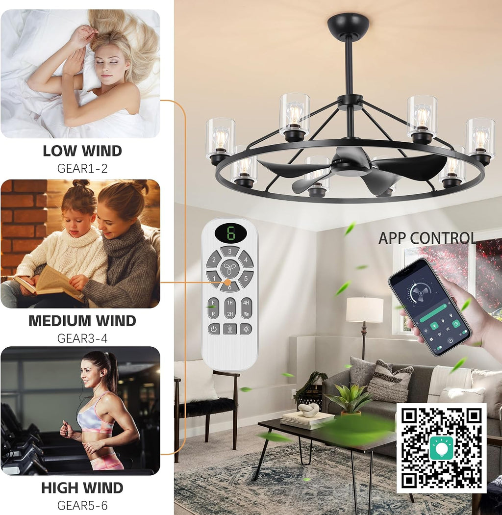44' Large Ceiling Fans with Lights Wagon Wheel Chandelier, Farmhouse Fandelier Black Fans with Glass Lampshade Light Fixture,App control, 6 Speed, Timing, Adjustable Height for Dining Room Living Room