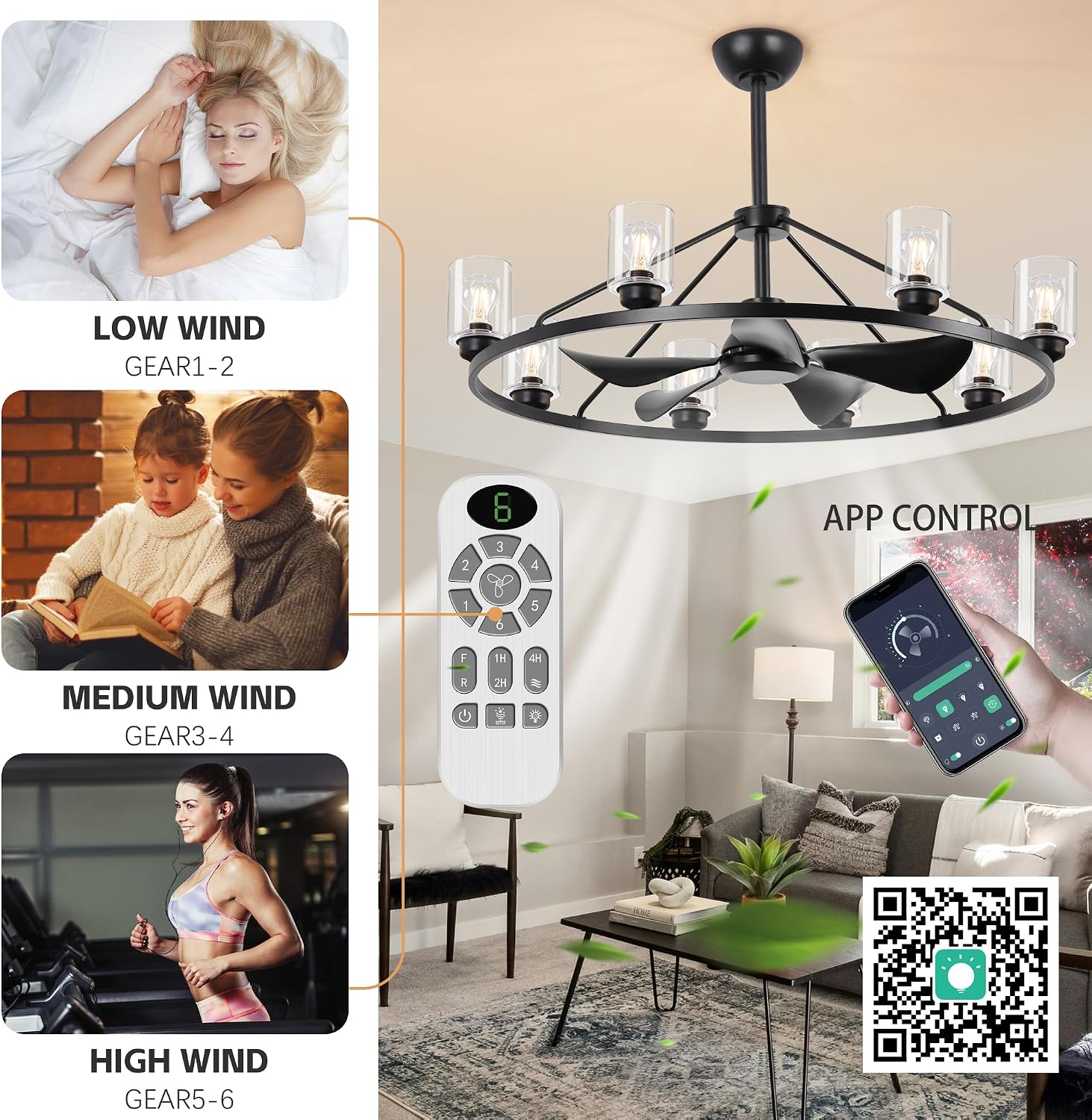 44' Large Ceiling Fans with Lights Wagon Wheel Chandelier, Farmhouse Fandelier Black Fans with Glass Lampshade Light Fixture,App control, 6 Speed, Timing, Adjustable Height for Dining Room Living Room