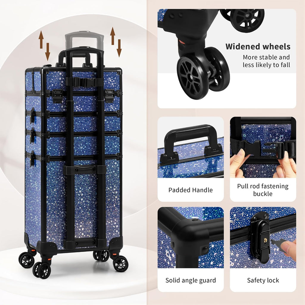 AROUS Rolling Makeup Train Case 5 in 1 Cosmetology Case on Wheels Large Cosmetic Organizer Travel Cart for Hairstylist Artist Nail Beauty Salon Barber,Blue