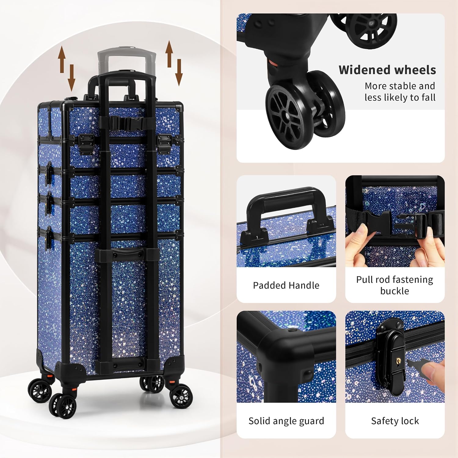 AROUS Rolling Makeup Train Case 5 in 1 Cosmetology Case on Wheels Large Cosmetic Organizer Travel Cart for Hairstylist Artist Nail Beauty Salon Barber,Blue