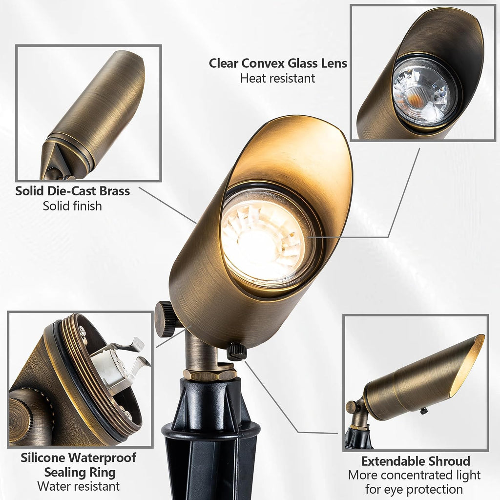 LumStory Brass Low Voltage Landscape Spotlight 12V Bronze Waterproof Shroud Adjustable Outdoor Landscape Lighting, with MR16 LED Bulb 5W 3000K, 4-Pack