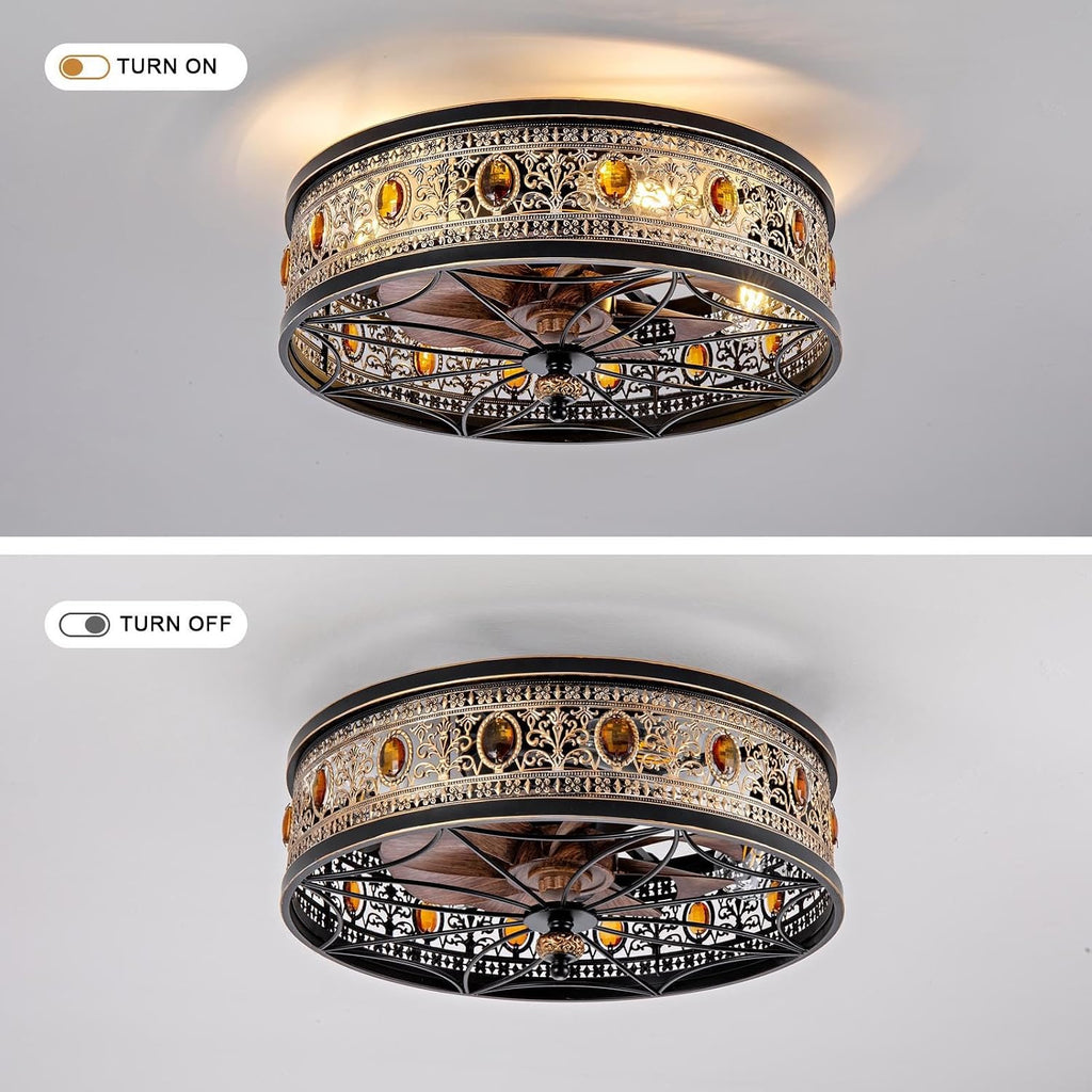Caged Ceiling Fan with Light, Vintage Victorian Rustic Crystal Fandelier, Low Profile Flush Mount, Small Enclosed Bladeless Ceiling Fan for Bedroom, Kitchen, Living Room, Dining Room
