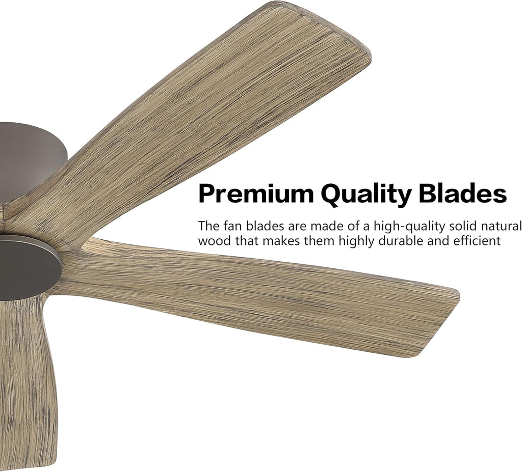 WINGBO 48' Flush Mount DC Ceiling Fans without Lights, 5 Carved Solid Wood Blades, 6-Speed Reversible DC Motor, Low Profile Hugger Ceiling Fan No Light for Living Room Bedroom Patio, Graphite and Gray