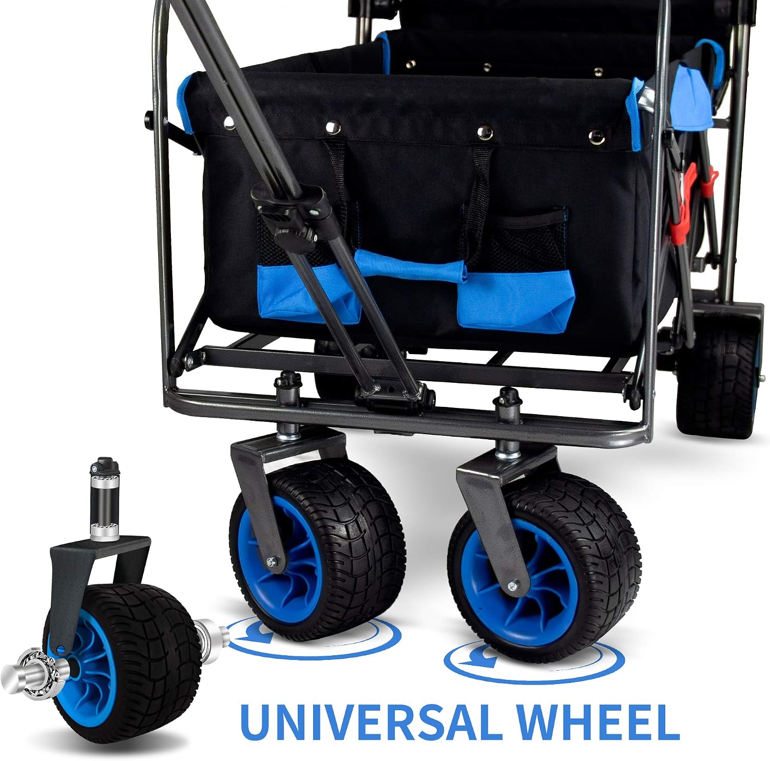Folding Utility Wagon Heavy-Duty Collapsible Garden Cart with Brakes & Adjustable Handle & All Terrain Wheels for Gardening, Beach Trips,Outdoor Camping, Shopping (Black Blue)