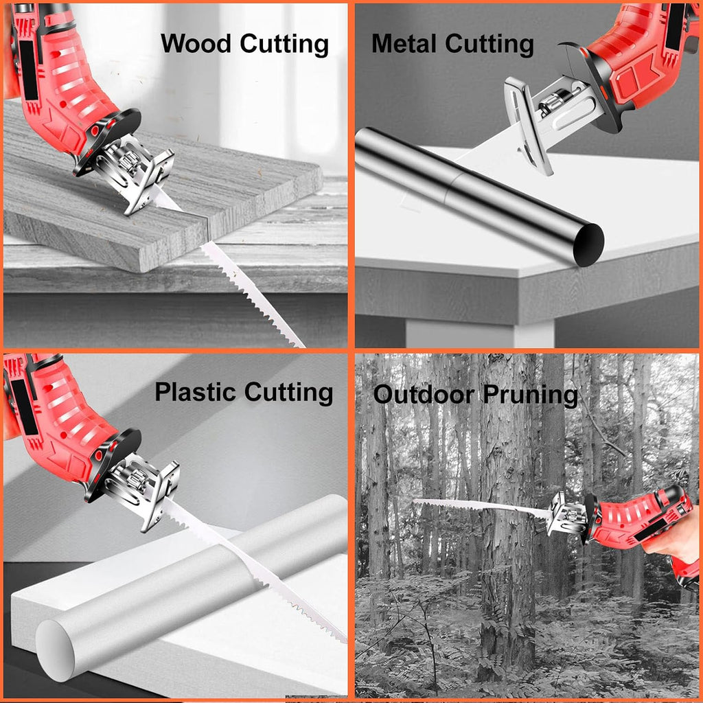 Cordless Reciprocating Saw, for Metal/Wood/PVC Pipe/Bamboo/Tree Branch Pruning, Electric Garden Saw with 4 Saw Blades & 12 Pairs of Gloves, Battery Powered