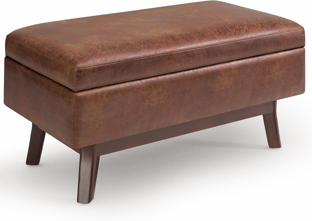 SIMPLIHOME Owen Small Rectangular Storage Ottoman - 36 inch Wide Upholstered Vegan Leather Lift-Top Ottoman in Distressed Saddle Brown, Mid-Century Modern Ottoman for Living Room with Tufted Detail