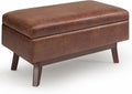 SIMPLIHOME Owen Small Rectangular Storage Ottoman - 36 inch Wide Upholstered Vegan Leather Lift-Top Ottoman in Distressed Saddle Brown, Mid-Century Modern Ottoman for Living Room with Tufted Detail
