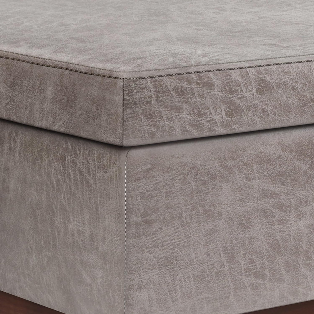 SIMPLIHOME Owen Lift Top Coffee Table Storage Ottoman - 42 inch Wide Upholstered Vegan Leather Rectangular Lift-Top Ottoman in Distressed Grey Taupe, Mid-Century Modern Ottoman for Living Room