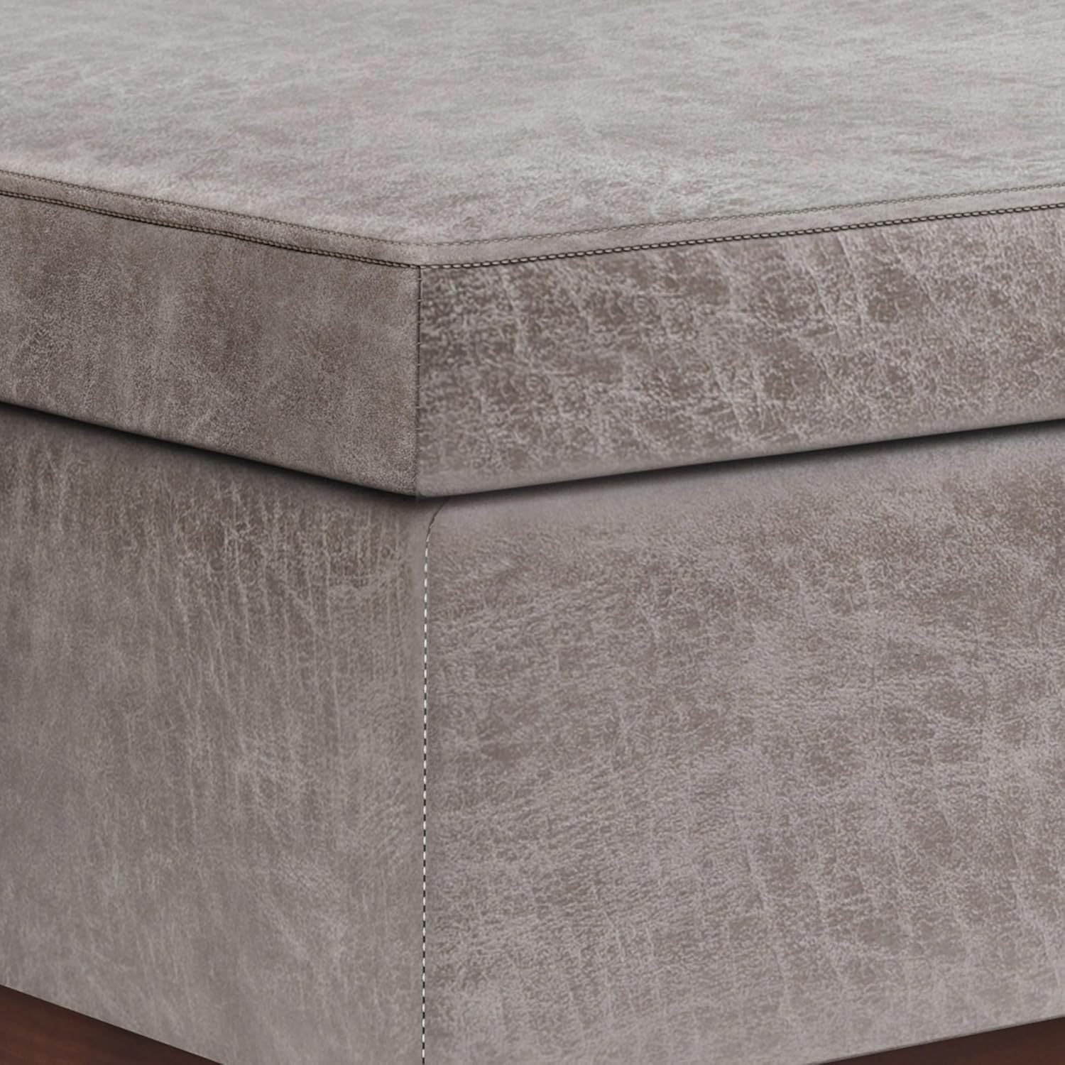 SIMPLIHOME Owen Lift Top Coffee Table Storage Ottoman - 42 inch Wide Upholstered Vegan Leather Rectangular Lift-Top Ottoman in Distressed Grey Taupe, Mid-Century Modern Ottoman for Living Room