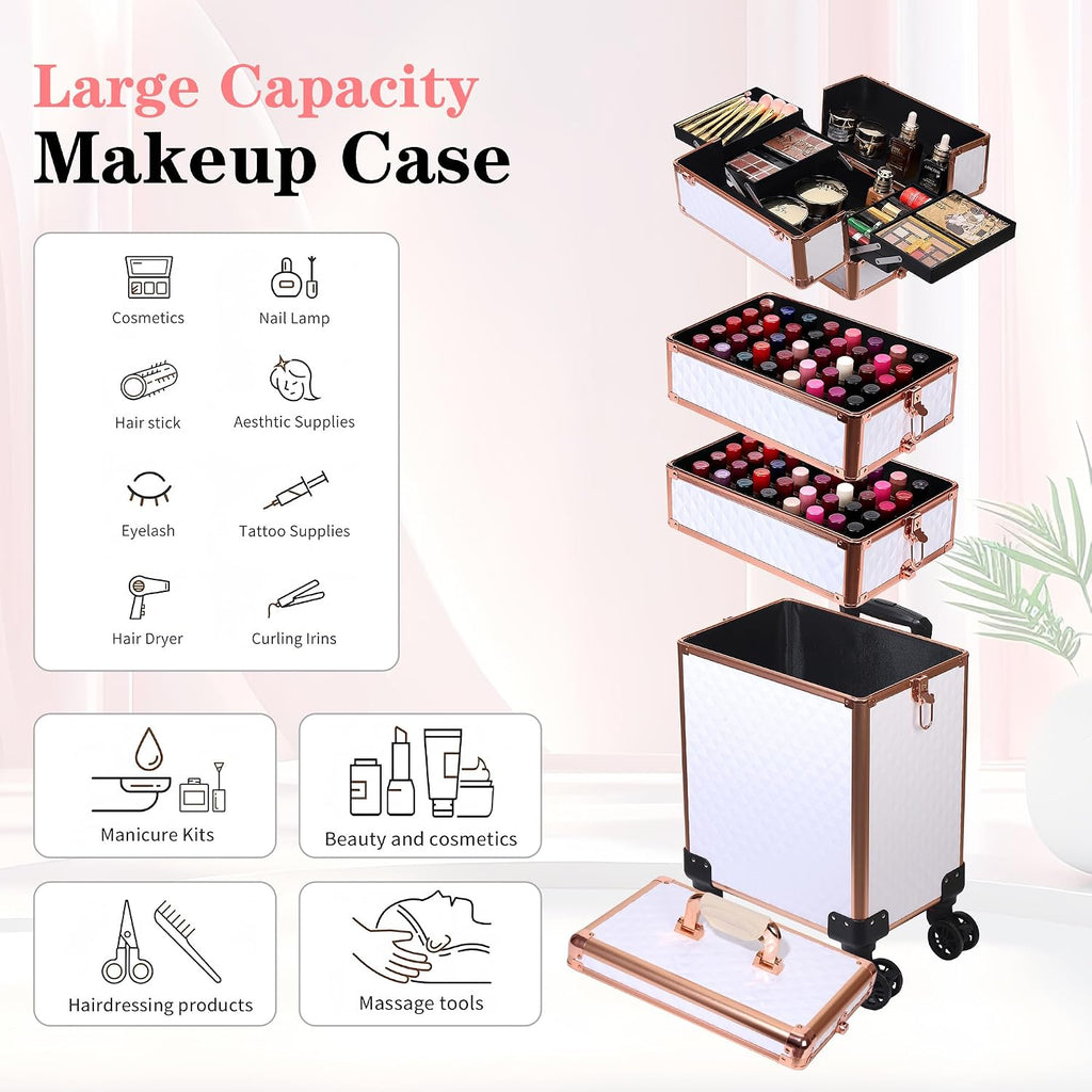 5 in 1 Rolling Makeup Train Case Professional Cosmetic Trolley Large Storage Organizer on Wheels for Hairstylist Artist Nail Beauty Salon Barber White - Gold Frame