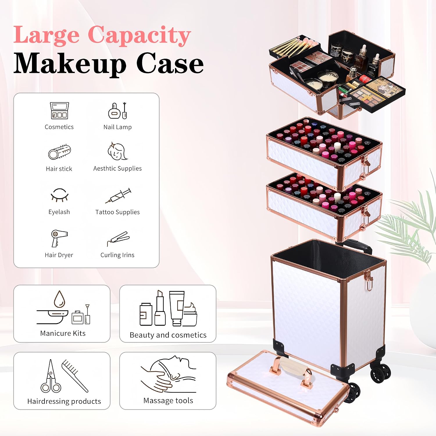 5 in 1 Rolling Makeup Train Case Professional Cosmetic Trolley Large Storage Organizer on Wheels for Hairstylist Artist Nail Beauty Salon Barber White - Gold Frame