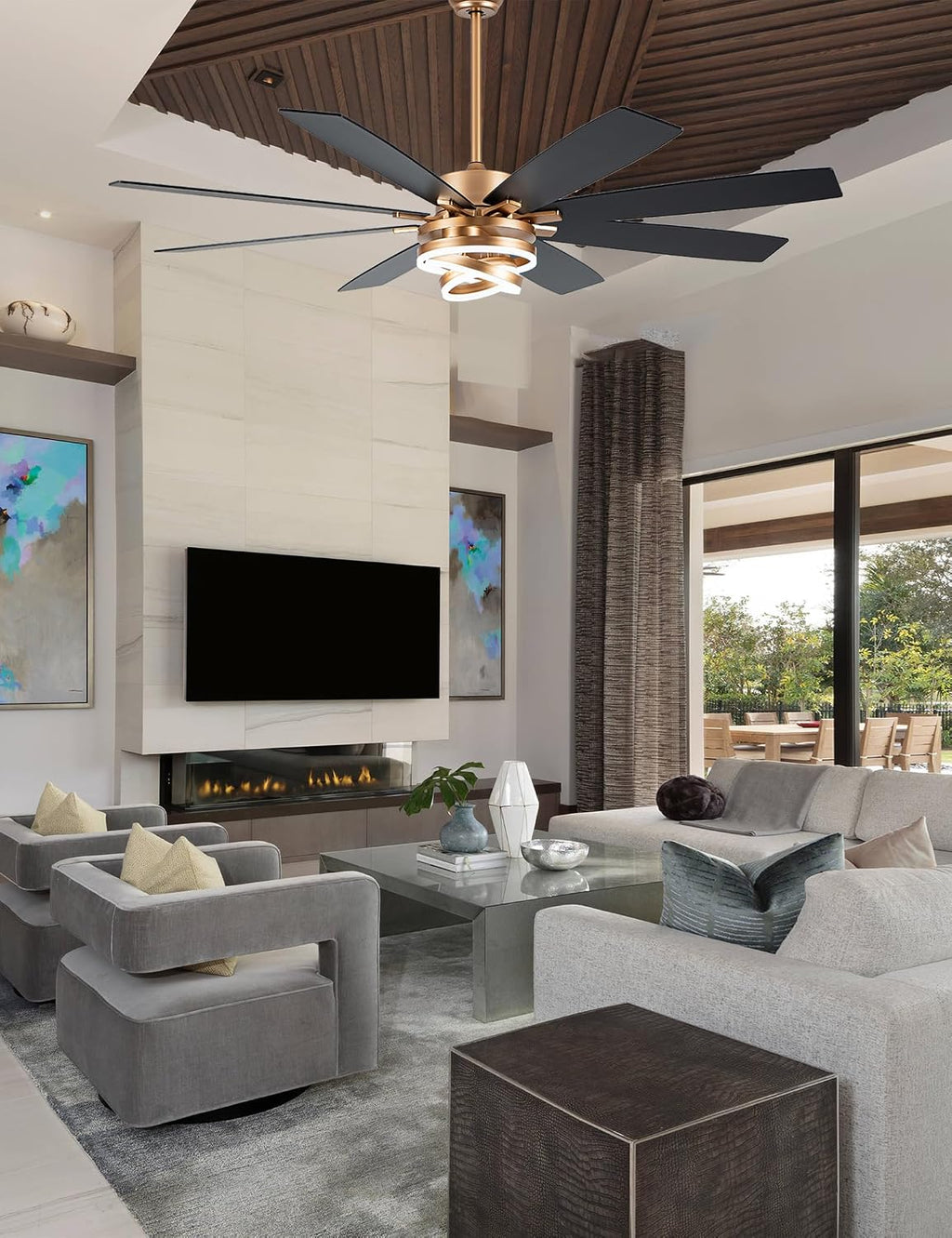 Dawn Whisper Gold Ceiling Fans with Lights and Remote 72 Inch Large Modern Chandelier Fan Living Room Ceiling Fan 6 Speed Reversible DC Motor Dual Finish Enegery Efficient