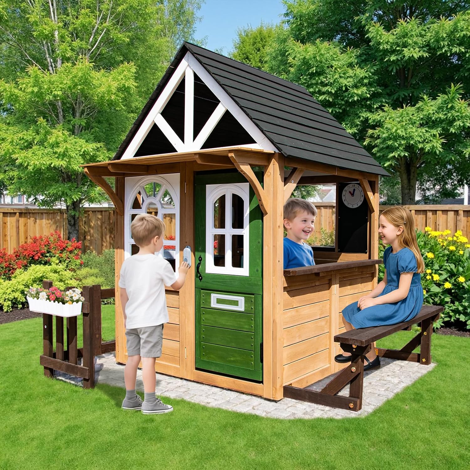 Kids Playhouse Outdoor,Cedar Gray Wooden Play House for Kids Ages 3-8,Interactive Doorbell, Kitchen Counter with Utensils, Sink, Window Boxes for Flowers (Brown)