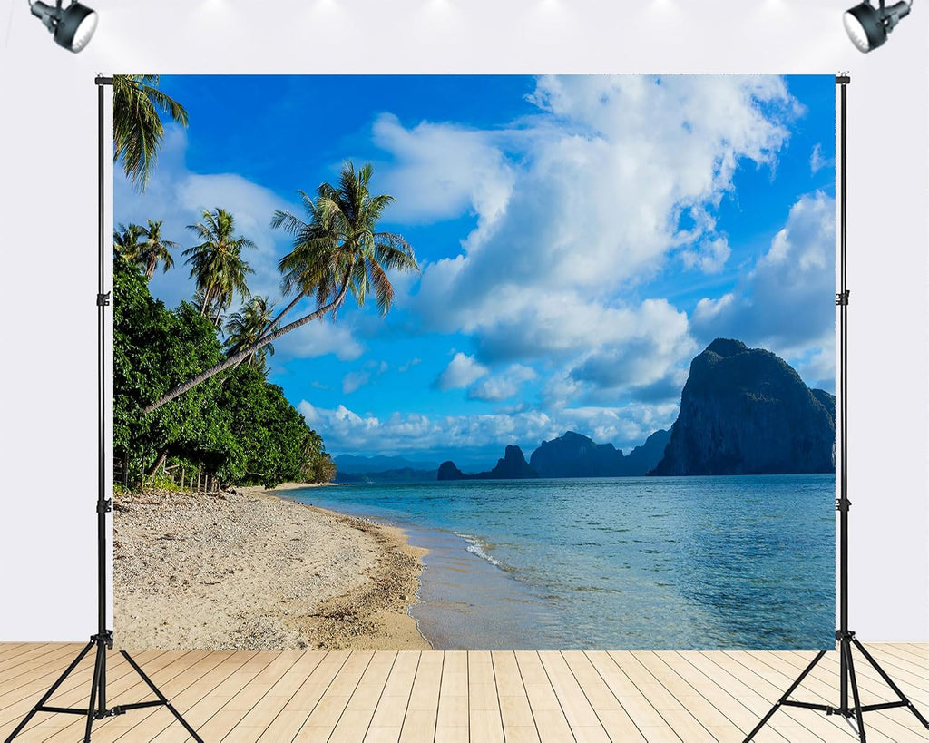 Trykid 20x10ft Tropical Beach Palm Trees Limestone Islands Backdrop Turquoise Ocean Clear Sky Photography Background Paradise Vacation Tapestry Party Decoration Photo Booth Studio Prop Fabric