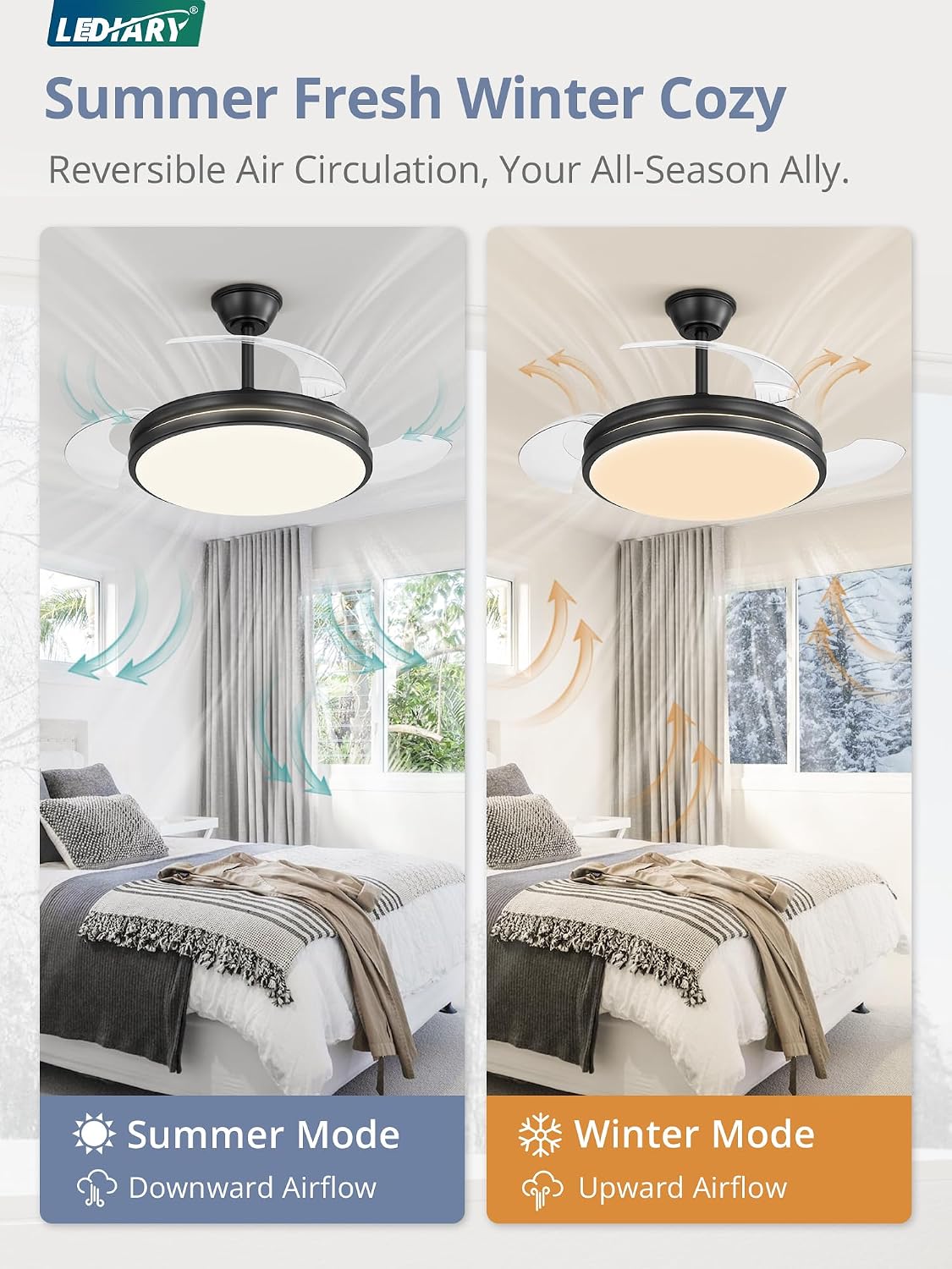 LEDIARY Retractable Ceiling Fan with Lights and Remote & APP Control, 42 Inch Fandelier Ceiling Fan with Light, 6 Speed Dimmable Reversible Memory, Modern Silent Smart Fan for Bedroom Living Room