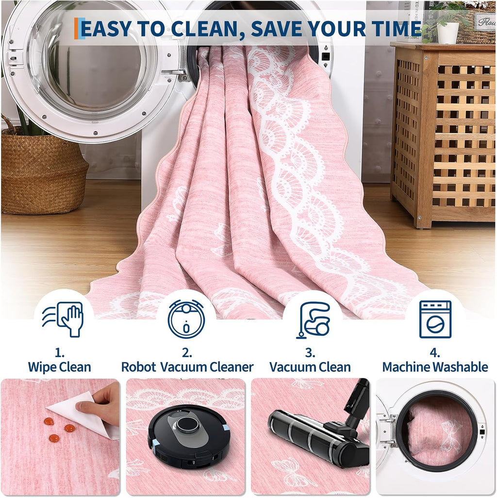 Garvee Scalloped Bow 9x12 Washable Rug for Living Room, Soft Pink Rugs Non-Slip Low Pile Rug Modern Farmhouse Lace Carpet, Stain Resistant Low Pile Floor Cover for Bedroom College Kids Room, Pink