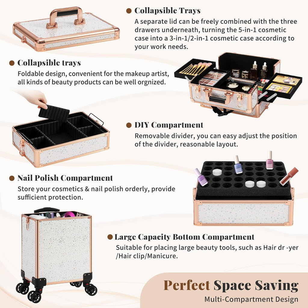 AROUS Rolling Makeup Train Case 5 in 1 Cosmetology Case on Wheels Large Cosmetic Organizer Travel Cart for Hairstylist Artist Nail Beauty Salon Barber,White