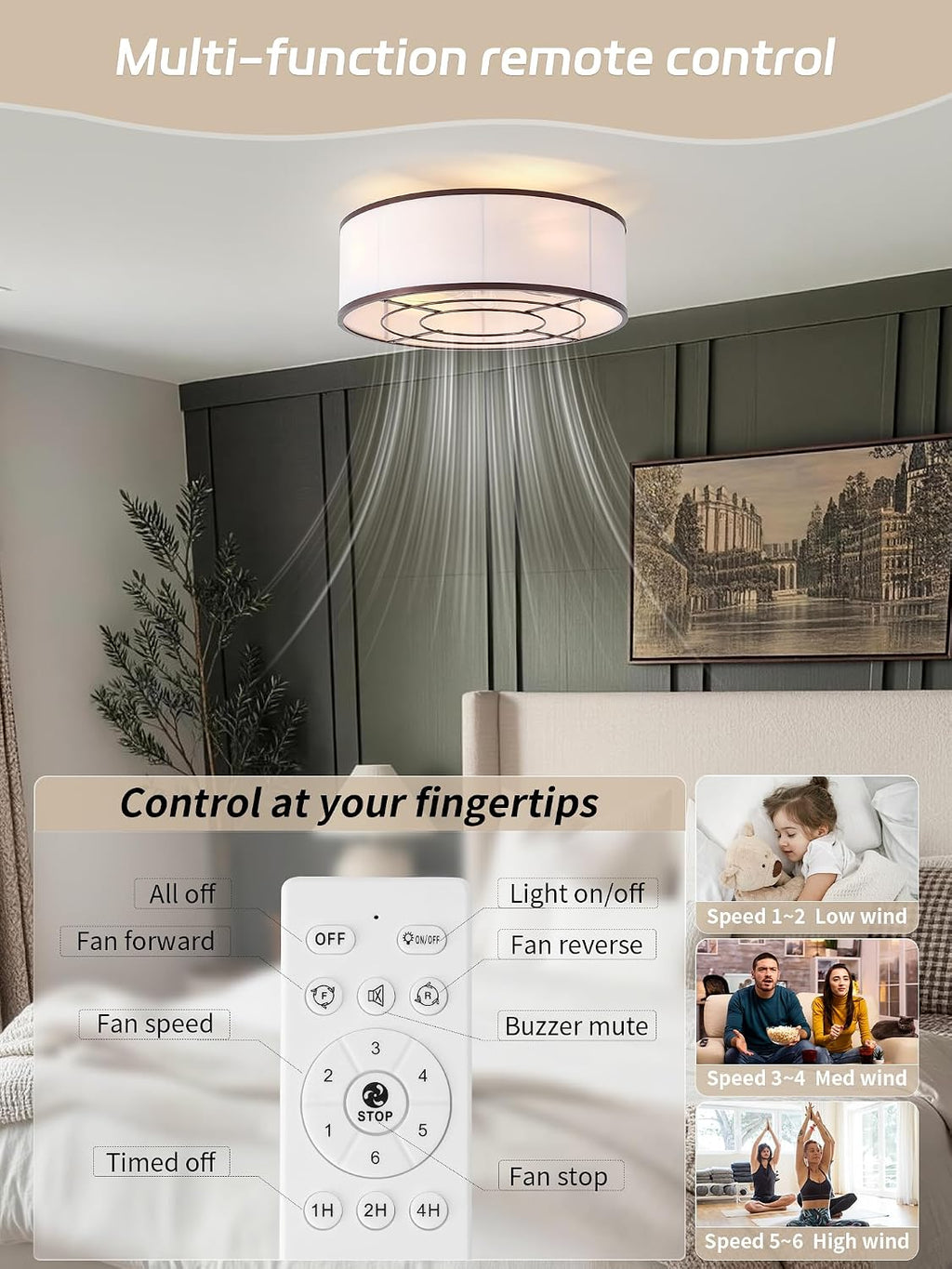 Caged Low Profile Ceiling Fans with Lights, Bladeless Ceiling Fan with lights Remote, Flush Mount Modern Enclosed with 6 Speeds for Bedroom, Kitchen (Brown)