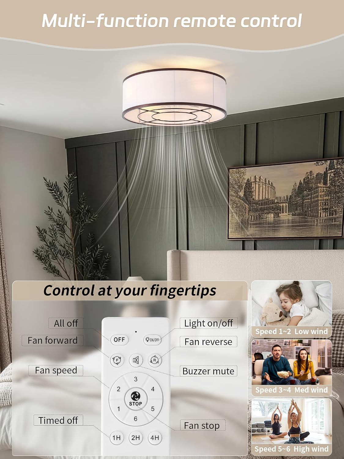 Caged Low Profile Ceiling Fans with Lights, Bladeless Ceiling Fan with lights Remote, Flush Mount Modern Enclosed with 6 Speeds for Bedroom, Kitchen (Brown)