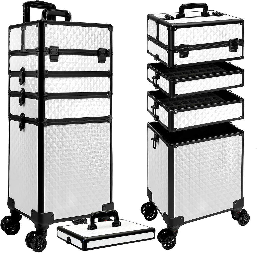 5 in 1 Rolling Makeup Train Case on Wheels Large Cosmetic Organizer Travel Cart for Women Beauty Salon Barber Hairstylist White