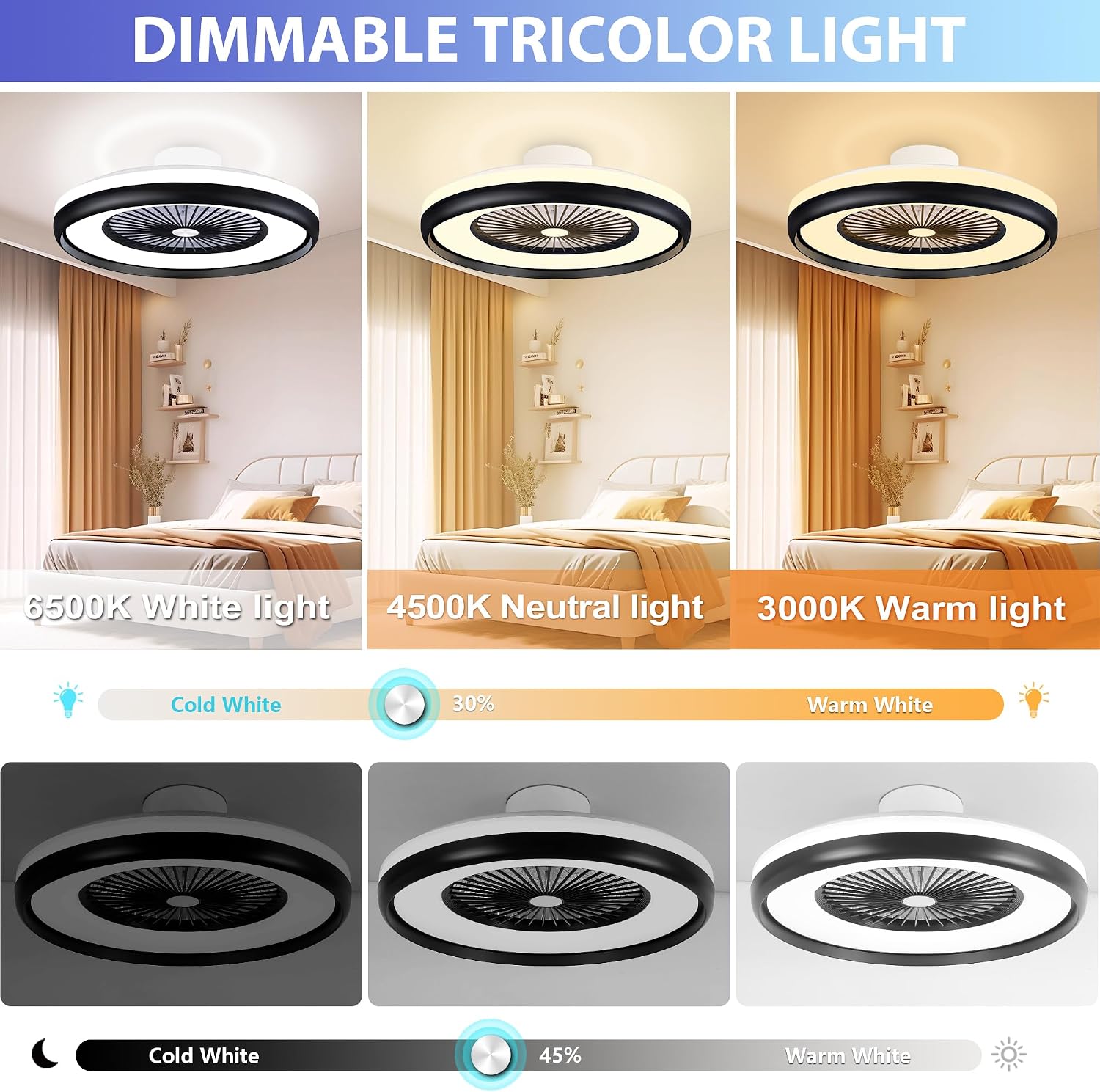 24' Bladeless Ceiling Fan with Light Remote, Low Profile Ceiling Fans with App Control, Smart Modern Ceiling Fans with Lights, 3 Dimmable LED Light for Bedroom, Living Room Back