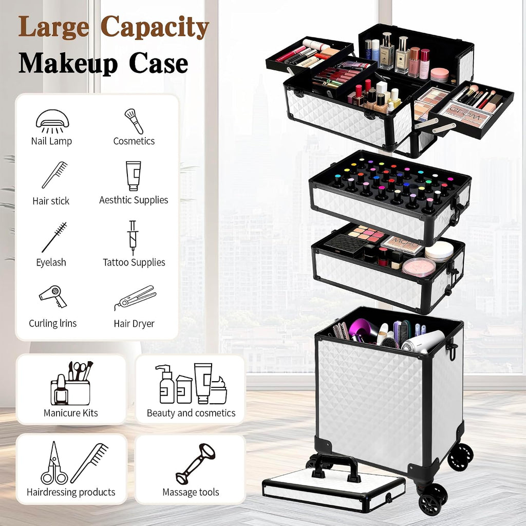 5 in 1 Rolling Makeup Train Case on Wheels Large Cosmetic Organizer Travel Cart for Women Beauty Salon Barber Hairstylist White