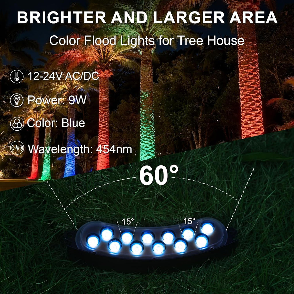Blue Color Flood Lights Low Voltage, 9W 12V LED Hard Wired Landscape Flood Wall Washer Lights Outdoor Waterproof for Uplighting Tree House, Super Bright, Aluminum, Black, 6Pack