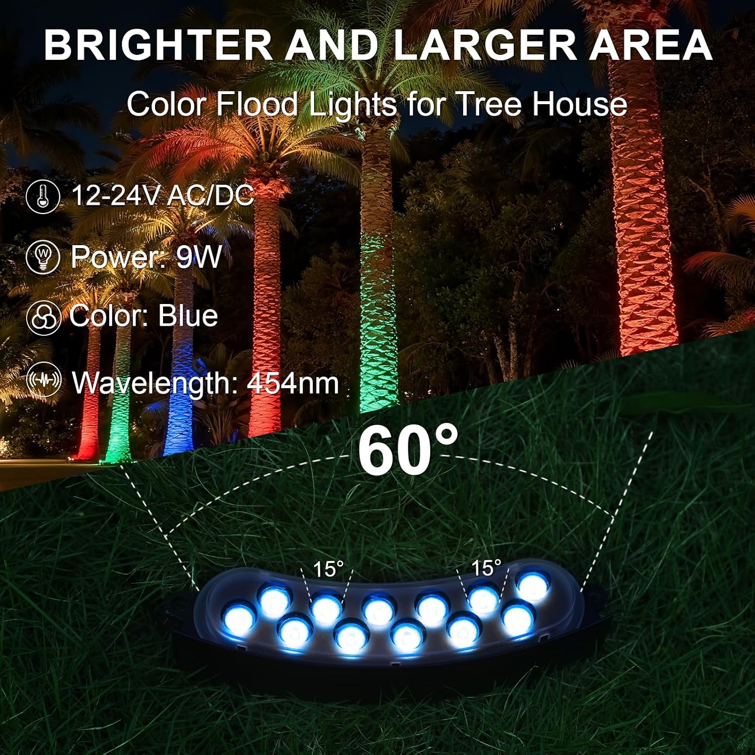 Blue Color Flood Lights Low Voltage, 9W 12V LED Hard Wired Landscape Flood Wall Washer Lights Outdoor Waterproof for Uplighting Tree House, Super Bright, Aluminum, Black, 6Pack