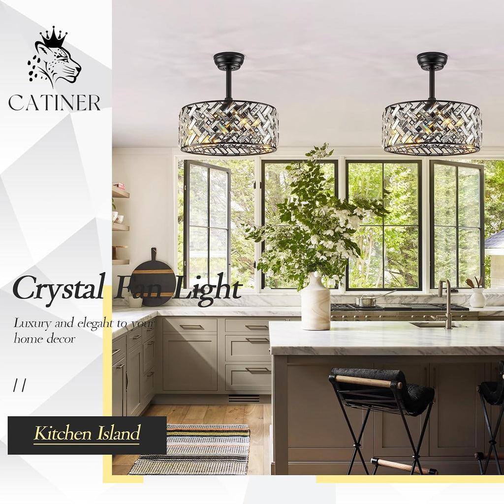 Modern Caged Ceiling Fan with Light Crystal Fandelier with Remote Control 18' Black Flush Mount Ceiling Fan DC Motor with Reversible 8 Blades 6 Speeds for Bedroom Dining Room Kitchen