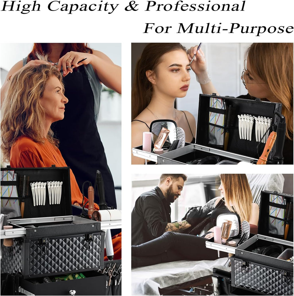Joligrace Cosmetology Case on Wheels, Rolling Makeup Case for Hairstylists & Makeup Artists， Lockable Professional Make up Case Salon Trolley Cart with Hairdryer Holder for Salon/Barber/Travel, Black