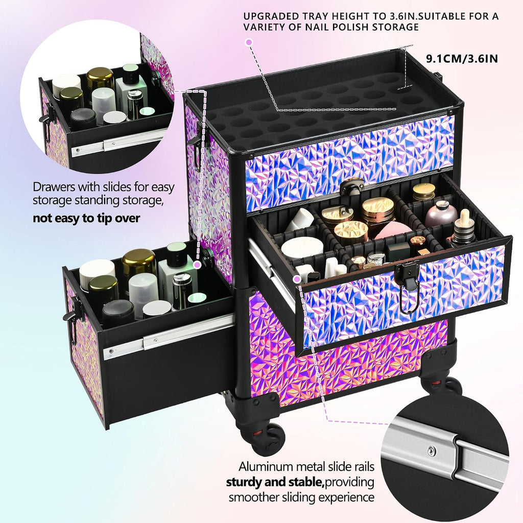 Makeup Train Case with Drawer, Rolling Makeup Case, Cosmetology Case on Wheels, Gift, Large Makeup Case Organizers, Professional for Salon Barber, Nail, Tattoo, Black Colourful