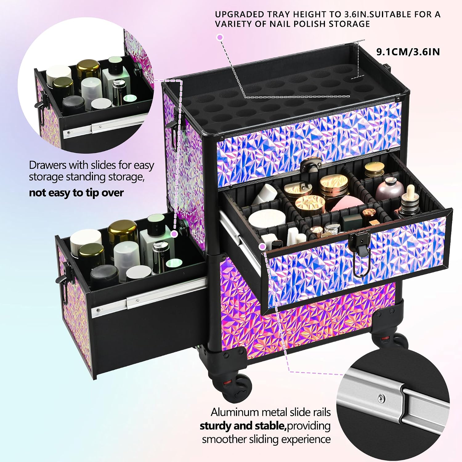 Makeup Train Case with Drawer, Rolling Makeup Case, Cosmetology Case on Wheels, Gift, Large Makeup Case Organizers, Professional for Salon Barber, Nail, Tattoo, Black Colourful