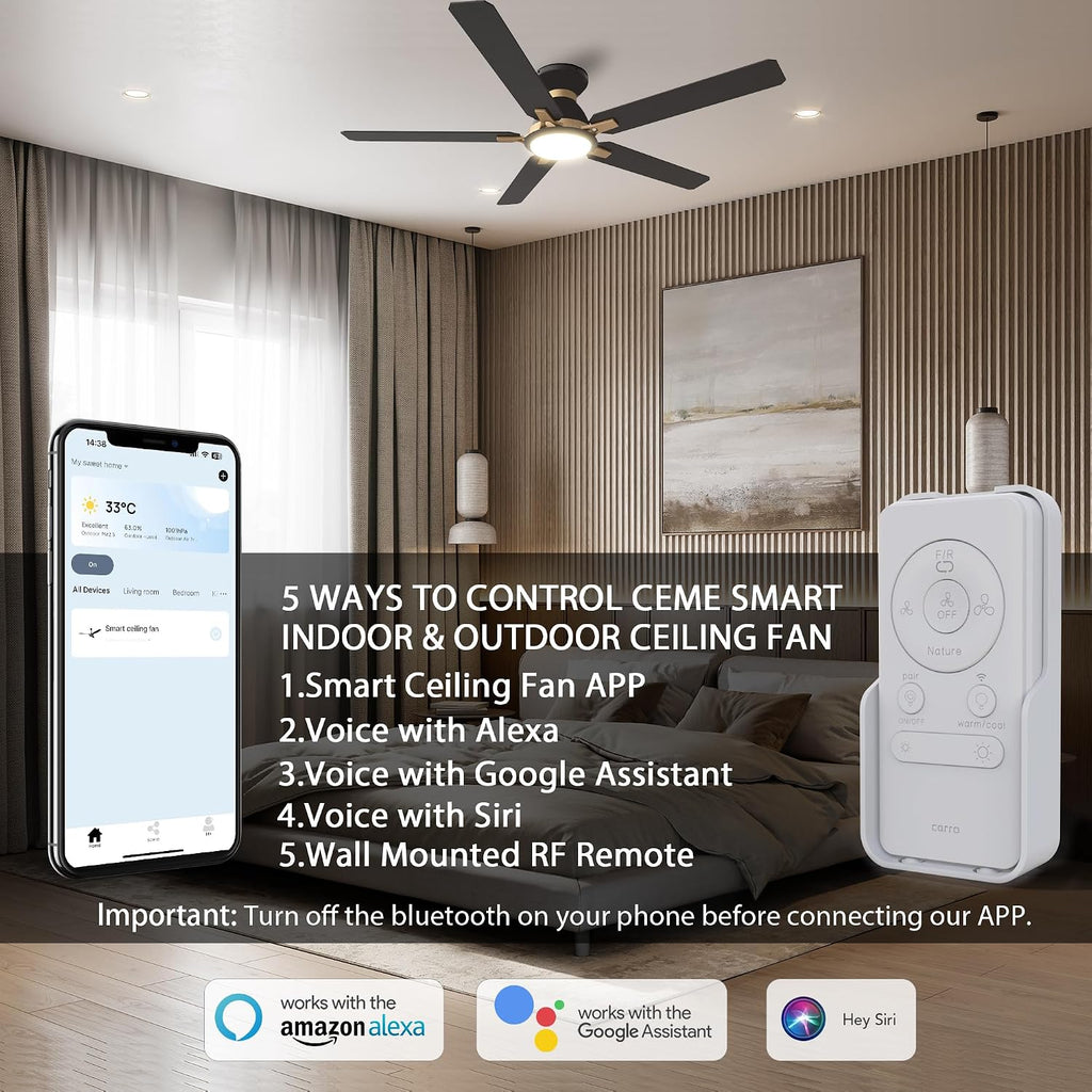 CEME 52' Smart Black Ceiling Fan with Lights, 5000 CFM High Velocity Outdoor Indoor Flush Mount Ceiling Fan, 10-Speed DC Motor, Siri Alexa App Control, 1%-100% Dimmable, 5 Wood Blades for Patio Porch