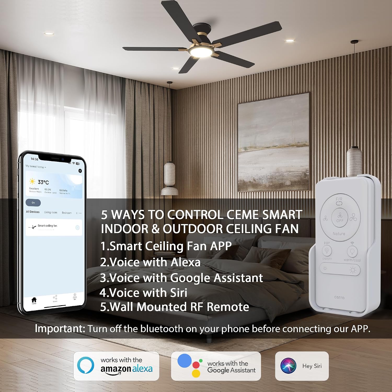 CEME 52' Smart Black Ceiling Fan with Lights, 5000 CFM High Velocity Outdoor Indoor Flush Mount Ceiling Fan, 10-Speed DC Motor, Siri Alexa App Control, 1%-100% Dimmable, 5 Wood Blades for Patio Porch