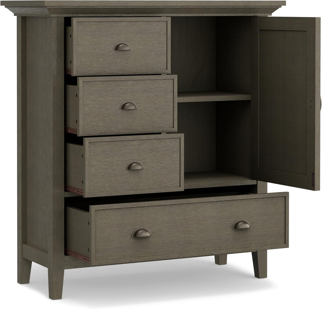 SIMPLIHOME Redmond Storage Cabinet - 39 inch Wide Solid Wood Medium Storage Cabinet in Farmhouse Grey, Transitional Accent Cabinet for Entryway or Living Room with 4 Drawers and Cabinet Storage