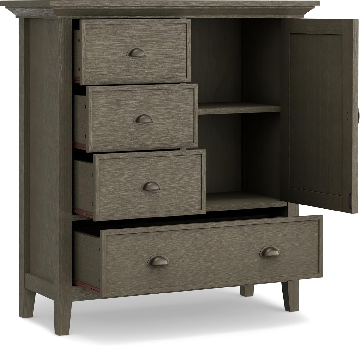 SIMPLIHOME Redmond Storage Cabinet - 39 inch Wide Solid Wood Medium Storage Cabinet in Farmhouse Grey, Transitional Accent Cabinet for Entryway or Living Room with 4 Drawers and Cabinet Storage