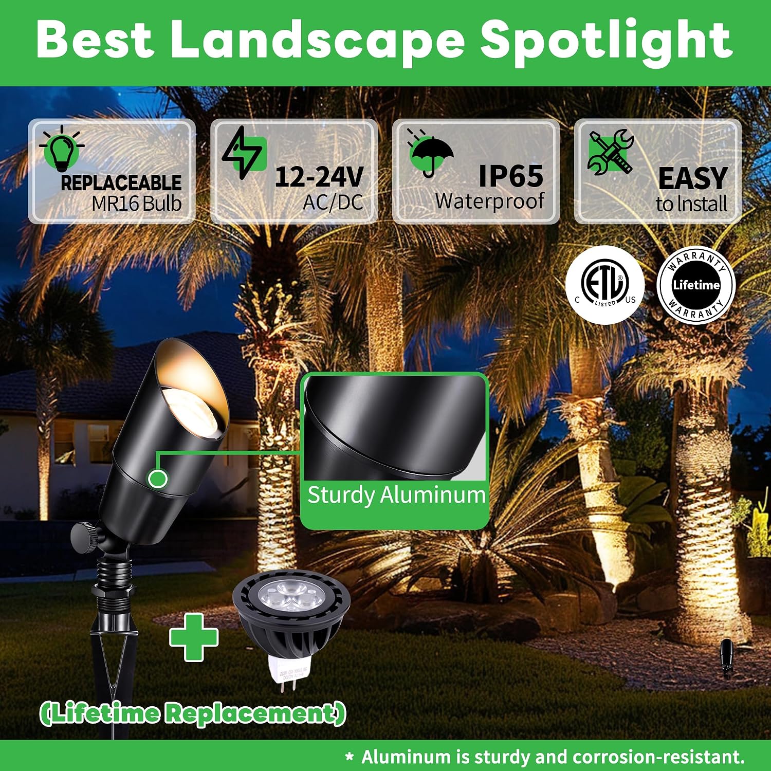 Black Outdoor LED Landscape Lights, 12V Low Voltage, Waterproof Aluminum Spotlights for Home Patio Backyard with 5W MR16 Bulb 4000K 12 Pack