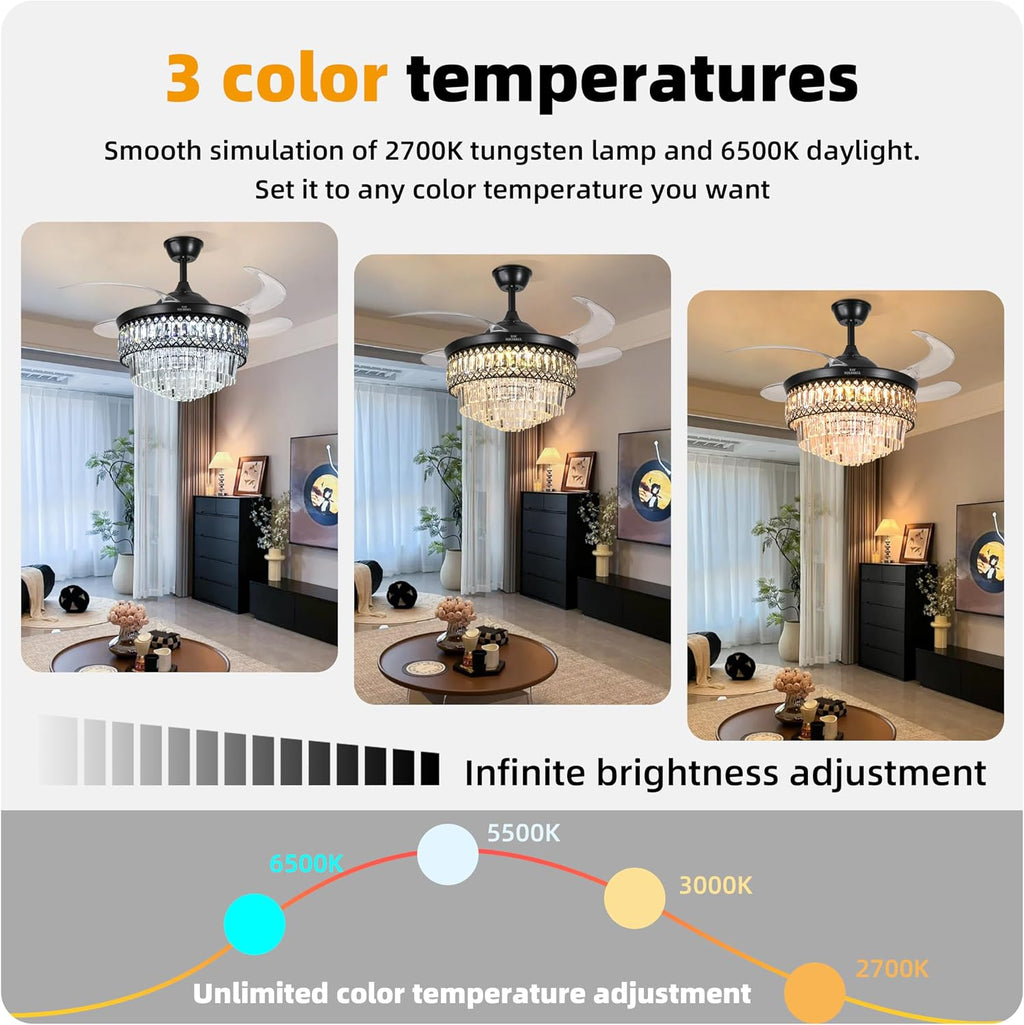 BAYSQUIRREL Retractable Crystal Ceiling Fan with Lights, Bluetooth Ceiling Fan with Speaker, 6-Speed Reversible Blades, RGB-LED Light, Low Profile Modern Fandelier Fan for Bedroom Living Room 42'