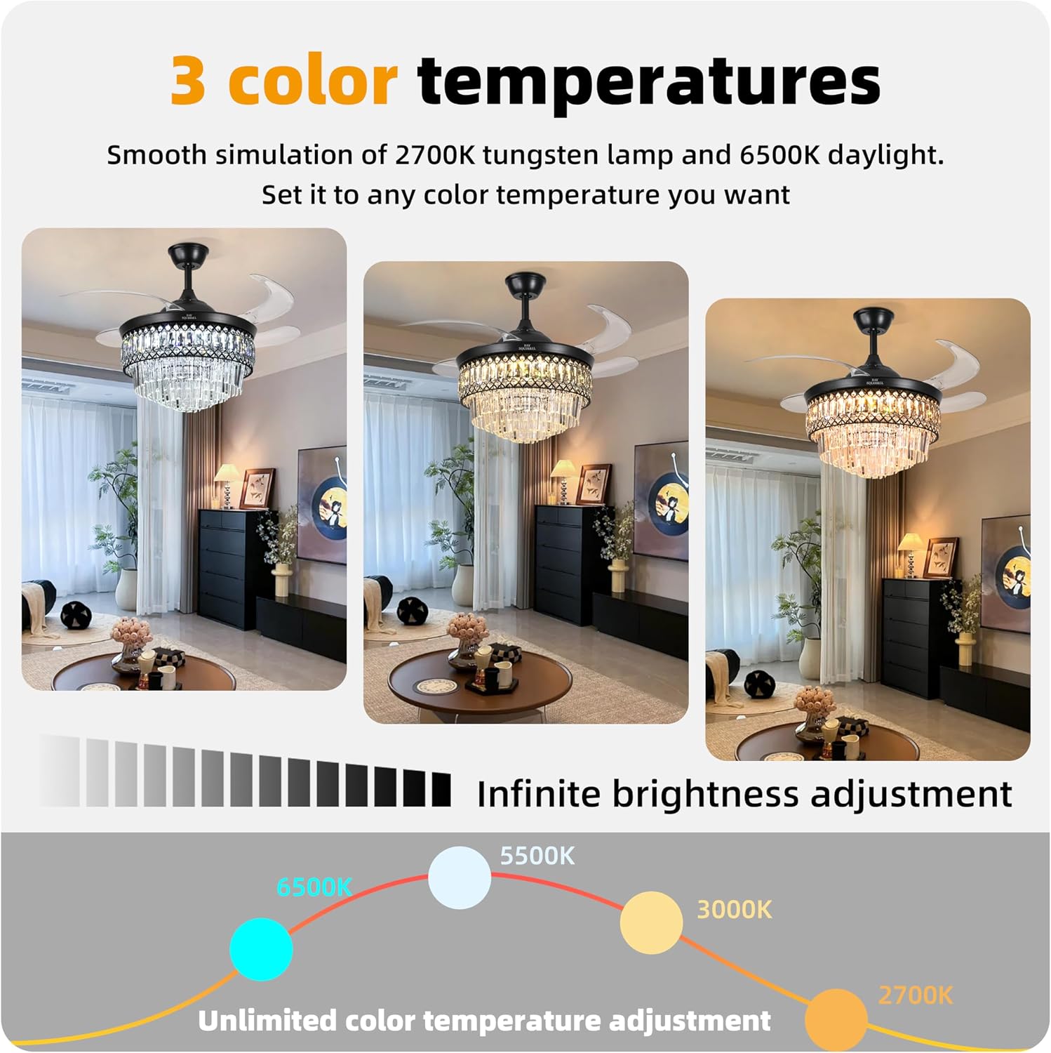 BAYSQUIRREL Retractable Crystal Ceiling Fan with Lights, Bluetooth Ceiling Fan with Speaker, 6-Speed Reversible Blades, RGB-LED Light, Low Profile Modern Fandelier Fan for Bedroom Living Room 42'