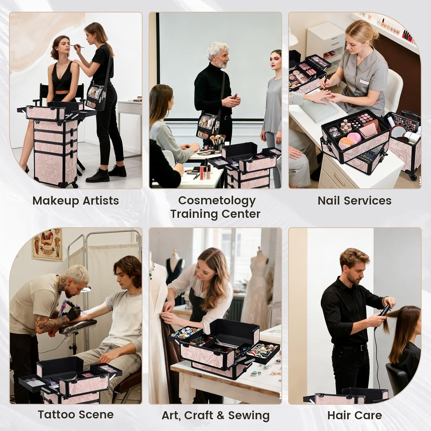 Stagiant Rolling Makeup Case 4 in 1 Cosmetology Case on Wheels Makeup Travel Case with Cosmetic Bag Key Swivel Wheels Salon Barber Case Traveling Cart Trunk Cosmetic Trolley Alpine Pink