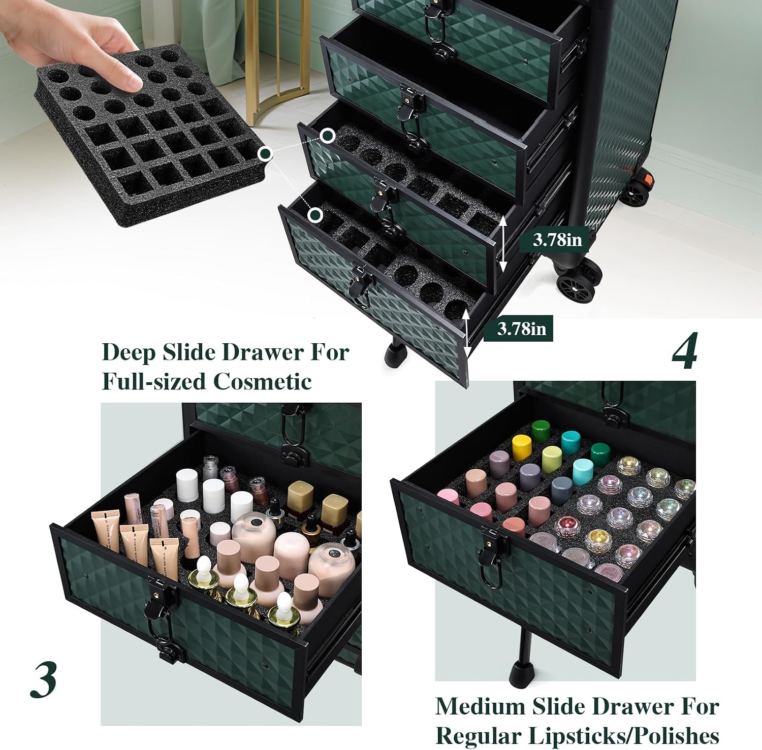 Yueieoun Nail Salon Cart with 4 Drawers,Rolling Makeup Train Case for Beauty,Cosmetology Case on Wheels Trolley Cart,Lockable Organizer Travel Case for Manicure/Face Painting/Hairstylist,DARK GREEN