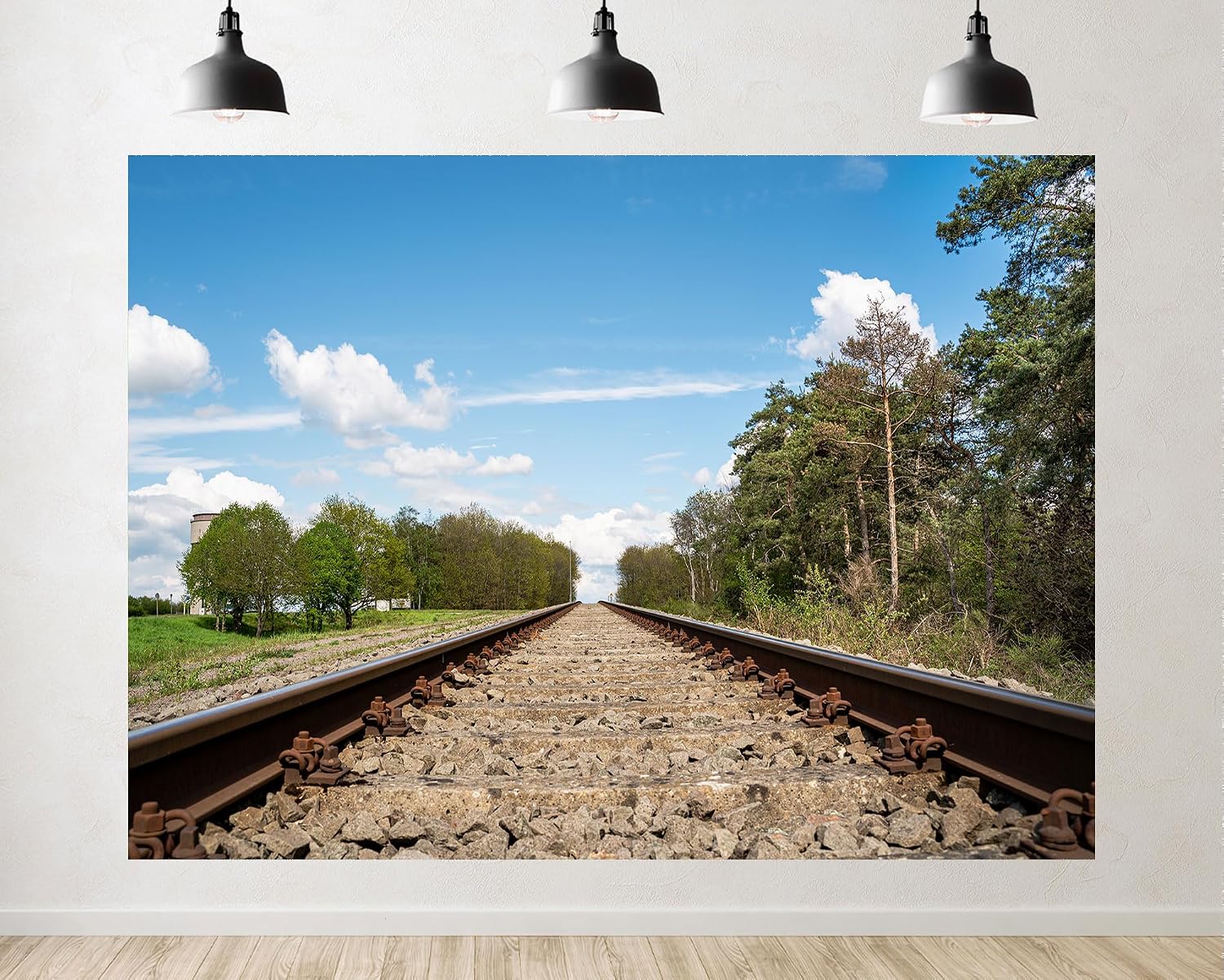 Trykid 20x10ft Rural Railway Tracks Backdrop Clear Blue Sky Trees Horizon Landscape Photography Background Road Trip Party Decoration Travel Event Photo Booth Prop Fabric